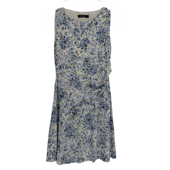Lauren Ralph Lauren Ruched Sheath Dress Size 12 Floral Sleeveless Stretch Purple - Picture 1 of 10